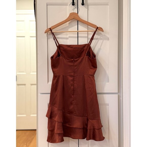 Lulus Dreams Come True Size Small Brown Satin Ruffled Mini Dress Fall - Picture 3 of 6